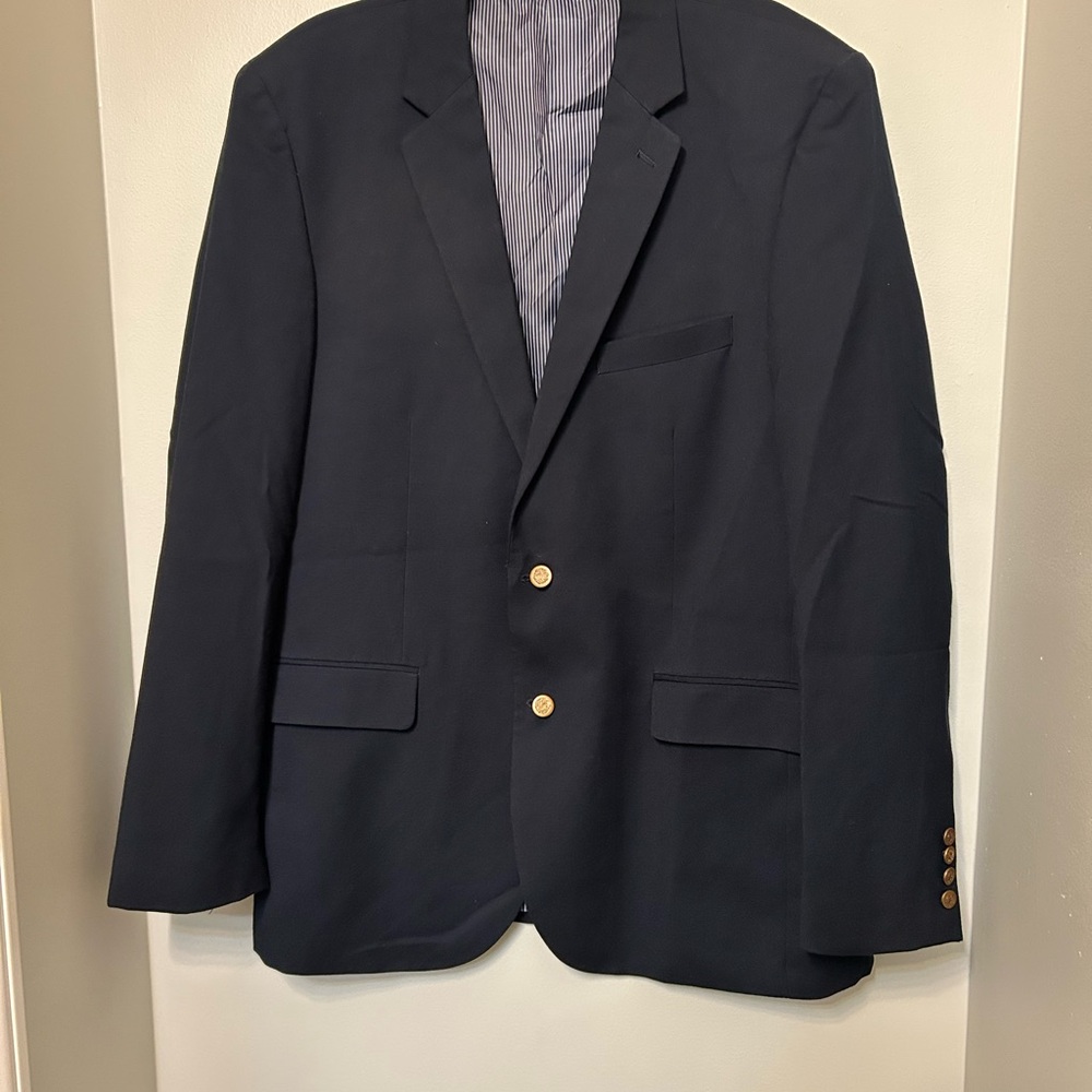 ALAN FLUSSER 44L DARK NAVY POLY BLEND BLAZER LOGO Sports Coat  Jacket‎ EUC